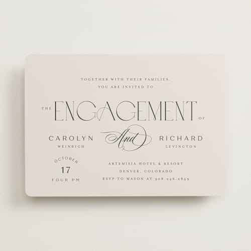 This is a tan engagement party invitations with standard by chocomocacino called nocturne printing on signature in standard
