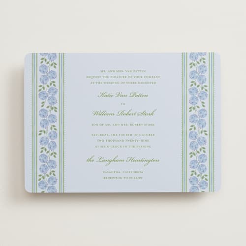 This is a coastal wedding invitations with standard by Madhvi Samimi called hydrangea vines printing on signature in standard