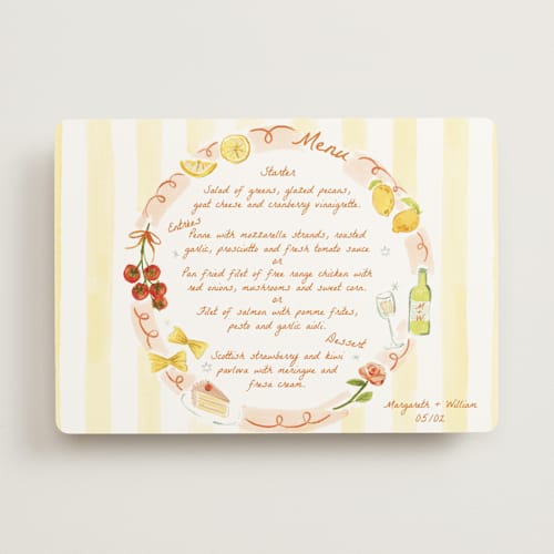 This is a flame menu cards with standard by Pati Cascino called giardino printing on signature in 5x7