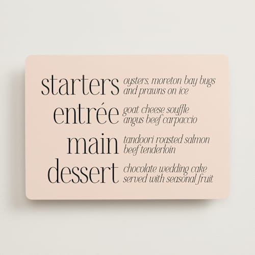This is a champagne menu cards with standard by Hudson meet Rose called noho printing on signature in standard
