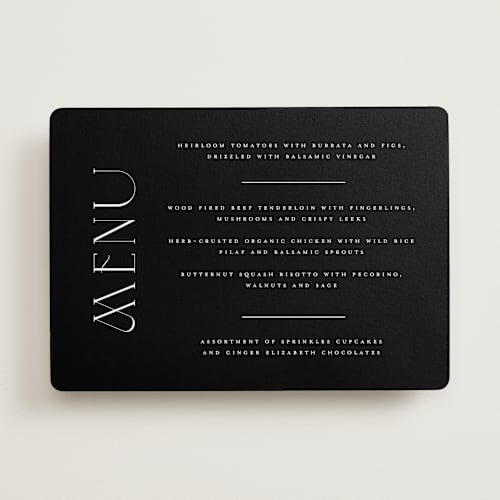 This is a pearl menu cards with standard by Christie Garcia called everly printing on signature in standard