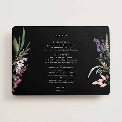 This is a midnight menu cards with foil pressed by Susan Moyal called bold bouquet printing on signature in standard