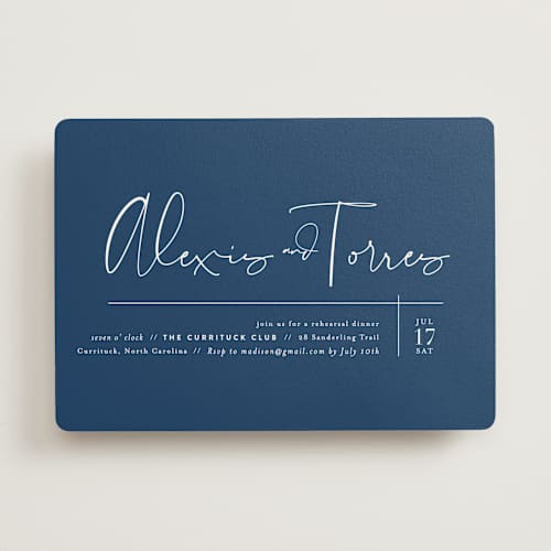 This is a navy rehearsal dinner invitations with standard by Jennifer Wick called just the two of us printing on signature in standard
