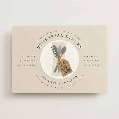 This is a tan rehearsal dinner invitations with standard by Becky Nimoy called one day away place setting printing on signature in standard
