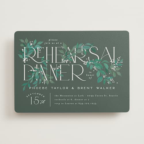 This is a sage rehearsal dinner invitations with standard by Alethea and Ruth called stacked type printing on signature in standard