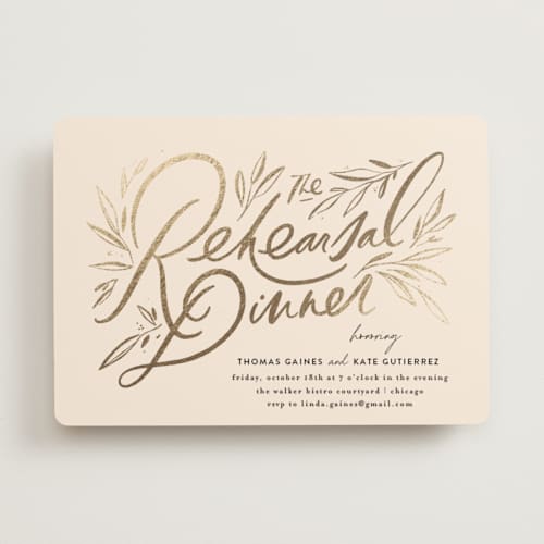 This is a almond rehearsal dinner invitations with foil pressed by Julie Murray called dinner fleur printing on signature in standard