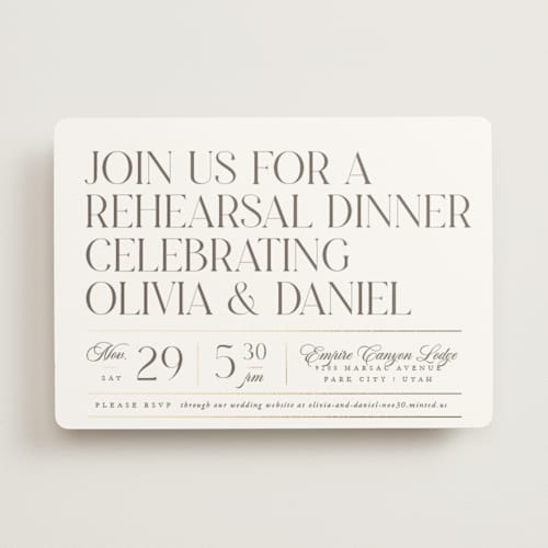 This is a linen rehearsal dinner invitations with foil pressed by Robert and Stella called headline printing on signature in standard