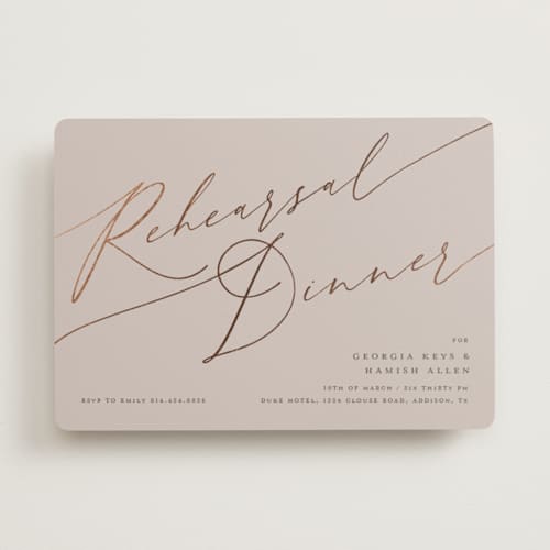 This is a hydrangea rehearsal dinner invitations with foil pressed by letterfix called flowy script printing on signature in standard