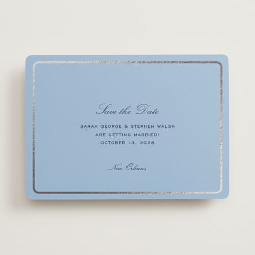 This is a sky foil stamped save the date cards with foil pressed by Megan Davis called aperitif printing on signature in standard