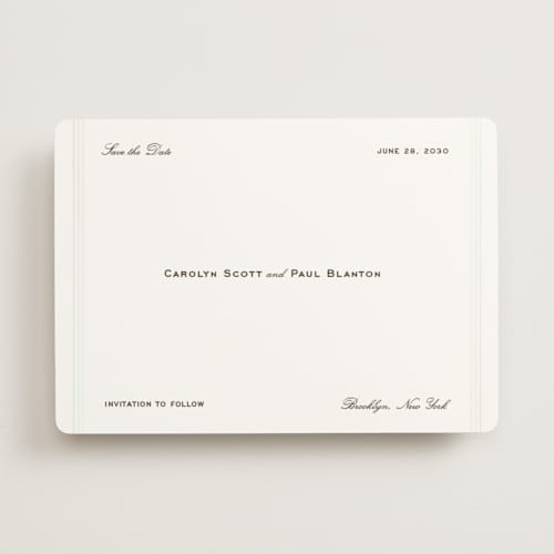 This is a espresso save the date with foil pressed by Megan Davis called gimlet printing on signature in standard