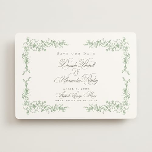 This is a mint save the date with standard by Melinda Denison called romantic garden printing on signature in standard