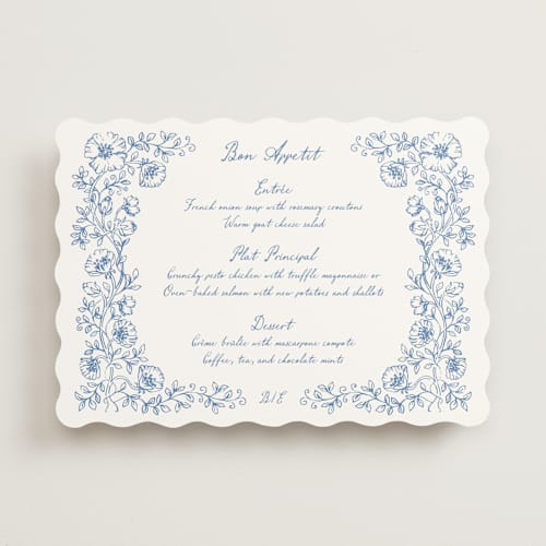 This is a periwinkle menu cards with standard by Anna Black called wild rose printing on signature in standard