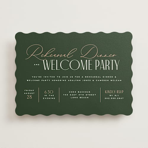 This is a emerald rehearsal dinner invitations with standard by Owl and Toad called two styles printing on signature in standard