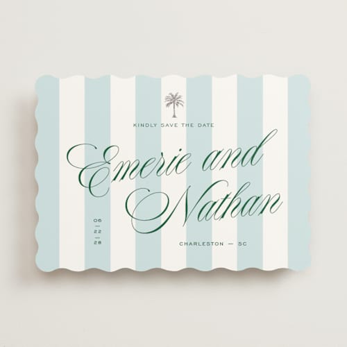 This is a low tide foil stamped save the date cards with foil pressed by Susan Zinader called palm stripes printing on signature in standard