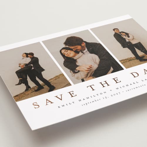 This is a lace foil stamped save the date cards with foil pressed by Nicole Walsh called elegant trio printing on recycled smooth signature in grand