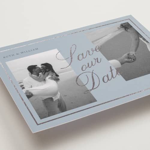 This is a french blue foil stamped save the date cards with foil pressed by Brianne Larsen called timeless love printing on recycled smooth signature in grand