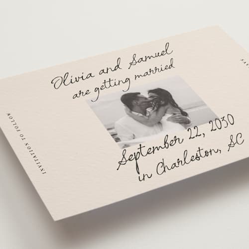 This is a linen save the date with standard by Kercia Jane called written in love printing on recycled smooth signature in grand