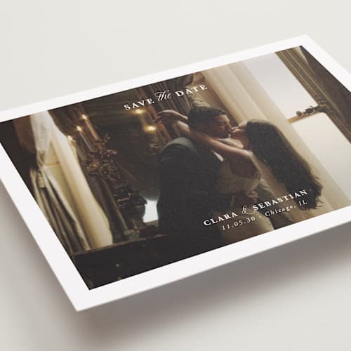 This is a snow save the date with standard by Lucrecia Caporale called simple amore printing on recycled smooth signature in grand