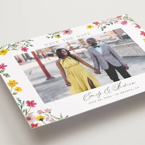 This is a peony save the date with standard by Yaling Hou Suzuki called wildflower wreath printing on recycled smooth signature in grand