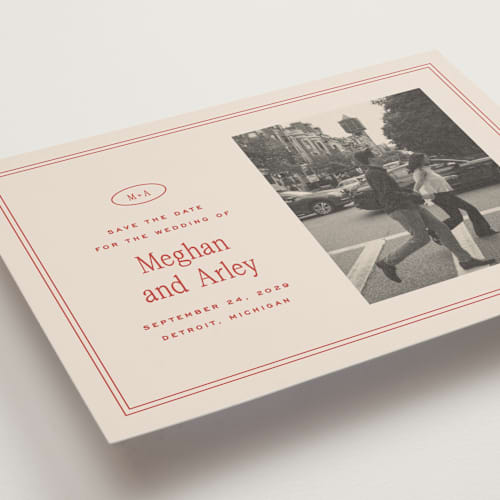 This is a cherry save the date with standard by Ellen Schlegelmilch called cherry printing on recycled smooth signature in grand