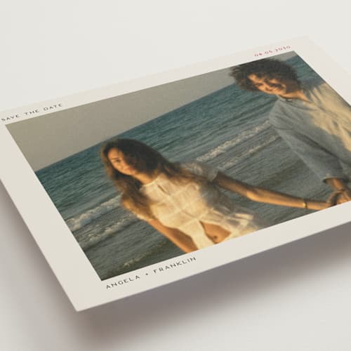 This is a latte save the date with standard by Leah Bisch called simplicity printing on recycled smooth signature in grand