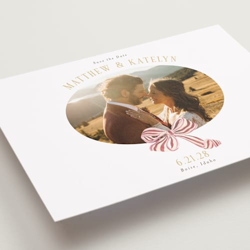 This is a rose save the date with standard by Itsy Belle Studio called ruban en fleur printing on recycled smooth signature in grand