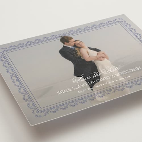 This is a cerulean save the date with standard by Jenna Holcomb called embroidered printing on recycled smooth signature in grand