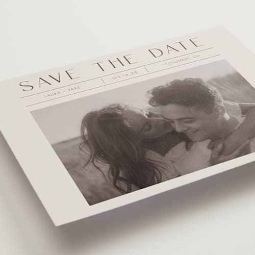 This is a mist save the date with standard by Christy Hy Lee called you and me printing on recycled smooth signature in grand