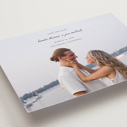 This is a tuxedo save the date with standard by Michelle Buckner called horizon printing on recycled smooth signature in grand