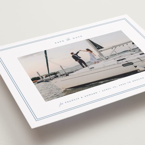 This is a ocean save the date with standard by Carolyn MacLaren called boathouse printing on recycled smooth signature in grand
