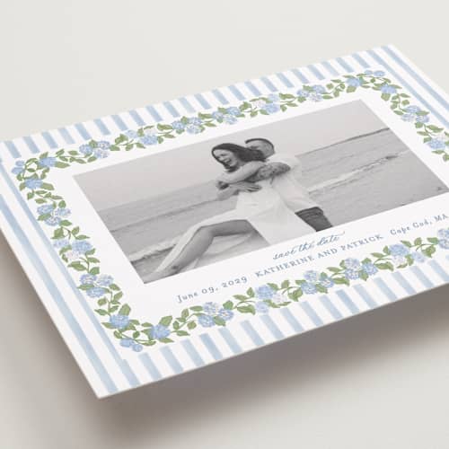 This is a ocean save the date with standard by Creo Study called pillowy border printing on recycled smooth signature in grand