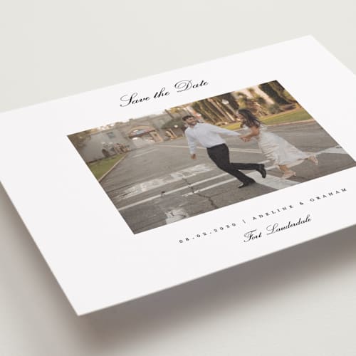 This is a snow save the date with standard by Pixel and Hank called minimal printing on recycled smooth signature in grand