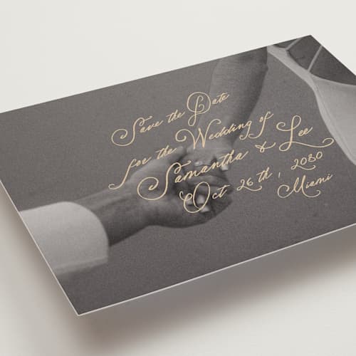 This is a wheat save the date with standard by AK Graphics called twirl printing on recycled smooth signature in grand