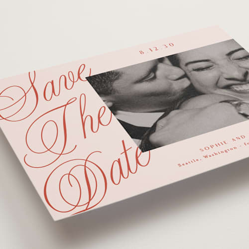 This is a cherry save the date with standard by Alethea and Ruth called script overlay printing on recycled smooth signature in grand