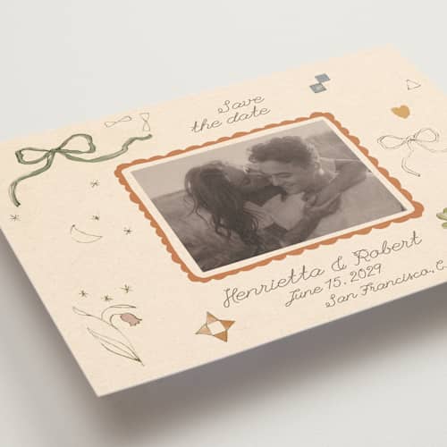 This is a magic save the date with standard by Sumak Studio called pure magic printing on recycled smooth signature in grand