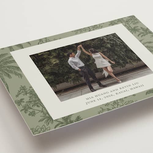 This is a jungle save the date with standard by Jenna Holcomb called tropicale printing on recycled smooth signature in grand