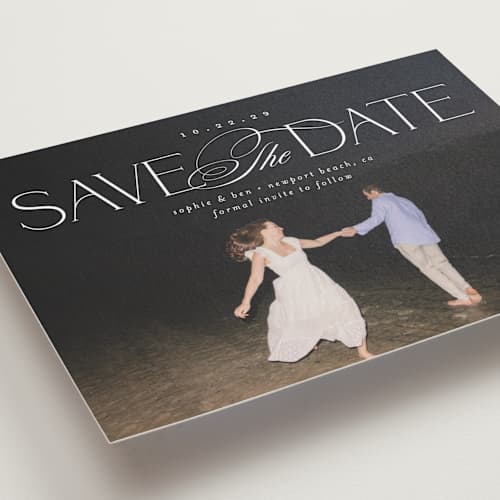 This is a pearl save the date with standard by Brooke Chandler called novella printing on recycled smooth signature in grand