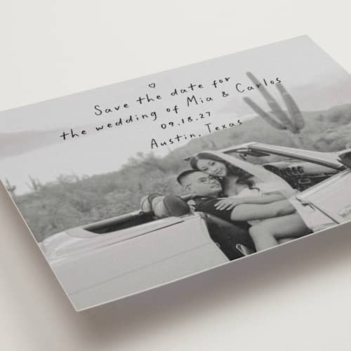 This is a noir save the date with standard by Olivia Raufman called noted printing on recycled smooth signature in grand