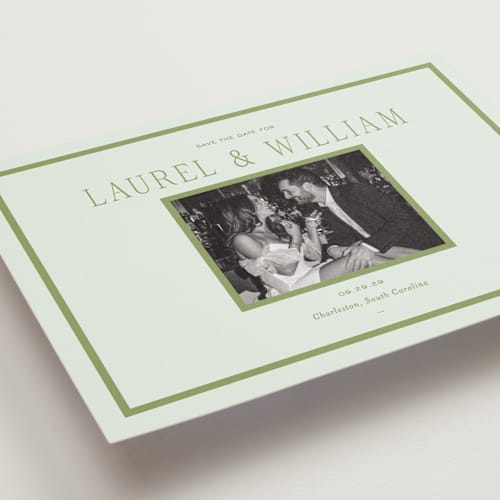 This is a forest save the date with standard by Sara Hicks Malone called dewberry printing on recycled smooth signature in grand