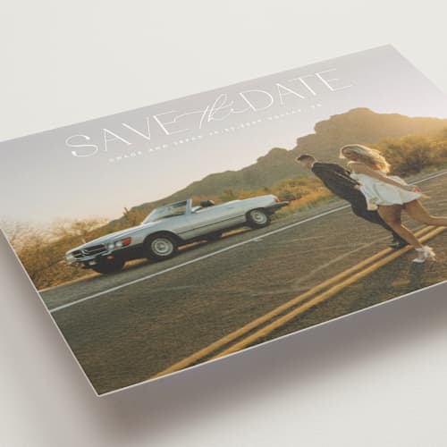 This is a ivory save the date with standard by Maja Cunningham called prose printing on recycled smooth signature in grand