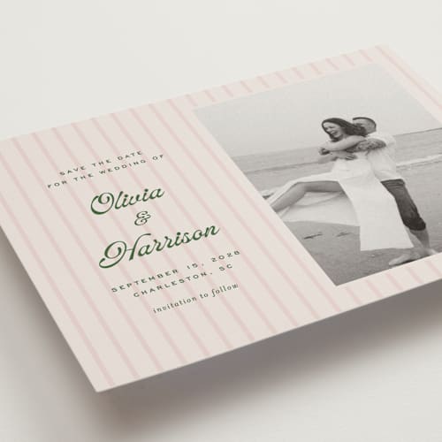This is a blush save the date with standard by Ellen Schlegelmilch called harrison printing on recycled smooth signature in grand