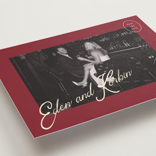 This is a campari save the date with standard by Susan Zinader called cocktail hour printing on recycled smooth signature in grand