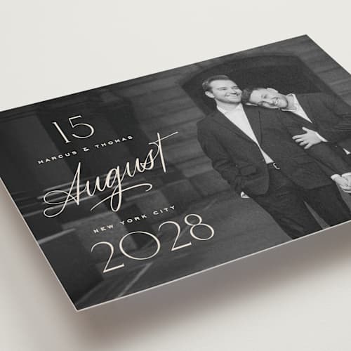 This is a ivory save the date with standard by Oscar and Emma - Karly Depew called the date is set printing on recycled smooth signature in grand
