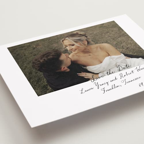 This is a snow save the date with standard by Sara Hicks Malone called vintage script printing on recycled smooth signature in grand