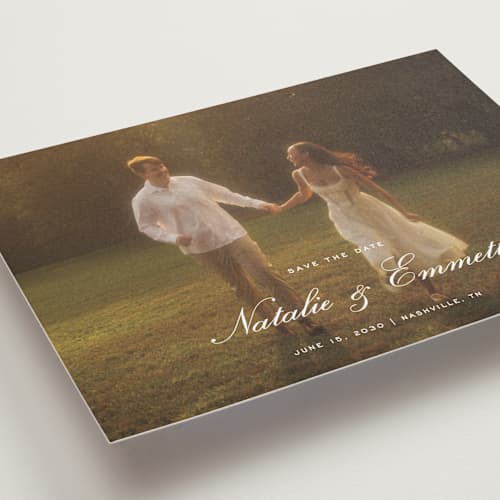 This is a ivory save the date with standard by Emily Betts called story printing on recycled smooth signature in grand