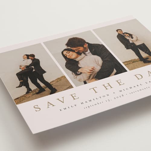 This is a sand save the date with standard by Nicole Walsh called elegant trio printing on recycled smooth signature in grand