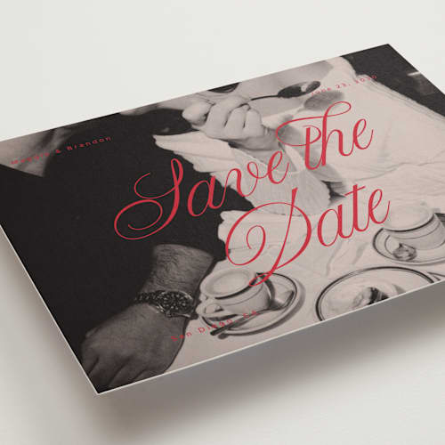 This is a crimson save the date with standard by Vera Lim called poster. printing on recycled smooth signature in grand