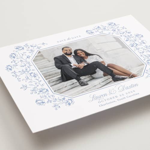 This is a sky save the date with standard by Robert and Stella called framed florals printing on recycled smooth signature in grand