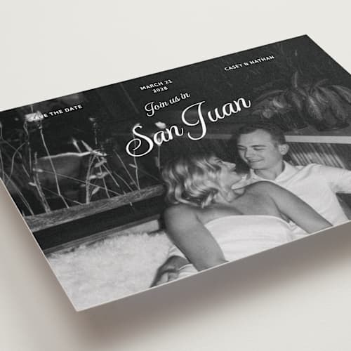 This is a snow save the date with standard by Inkblot Design called vintage trip printing on recycled smooth signature in grand