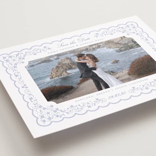 This is a something blue save the date with standard by Erin L. Wilson called tillie printing on recycled smooth signature in grand